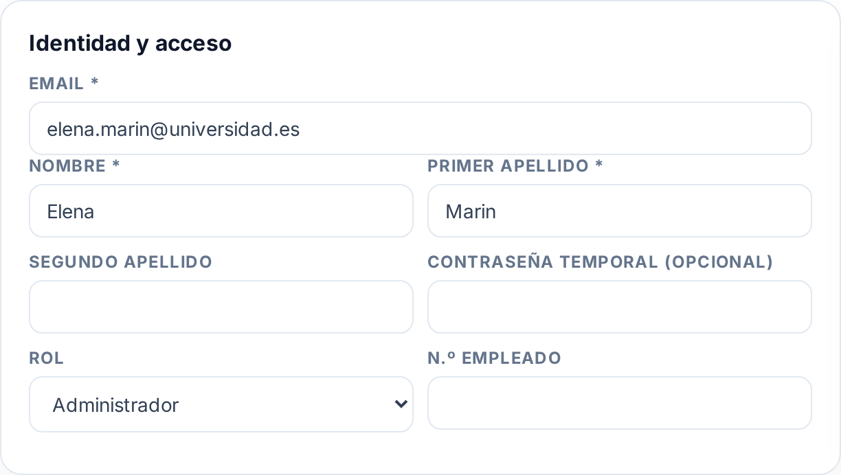 El formulario de alta de otro profesor, con el rol Administrador elegido