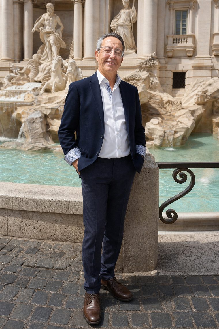 Conjunto de camisa, americana azul y zapatos marrones, generado por NexoModa delante de la Fontana di Trevi
